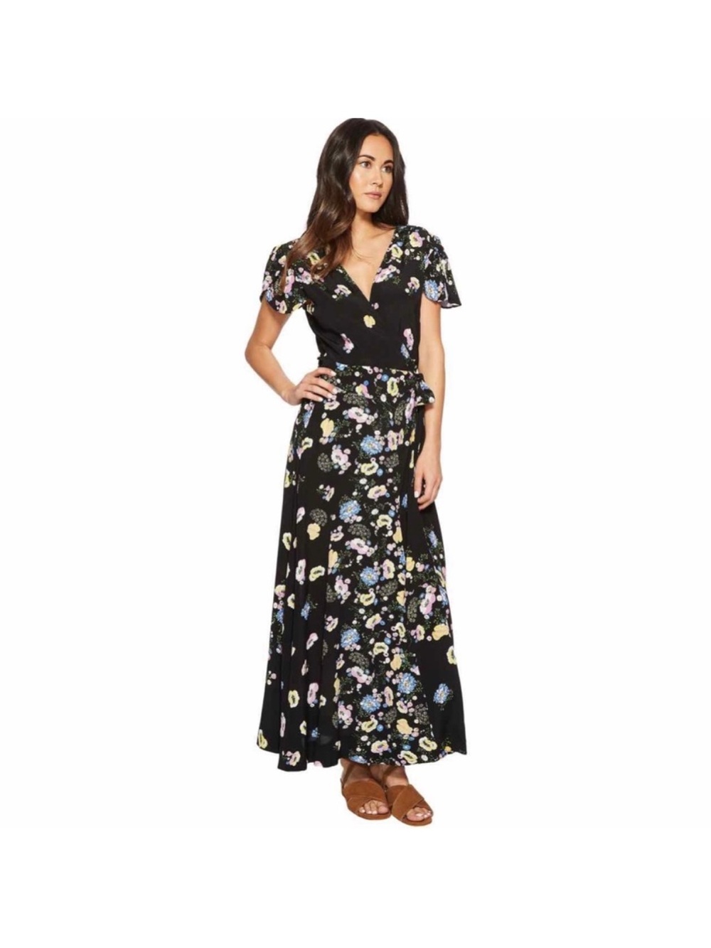 Free People Black floral Jess wrap maxi dress size medium black combo